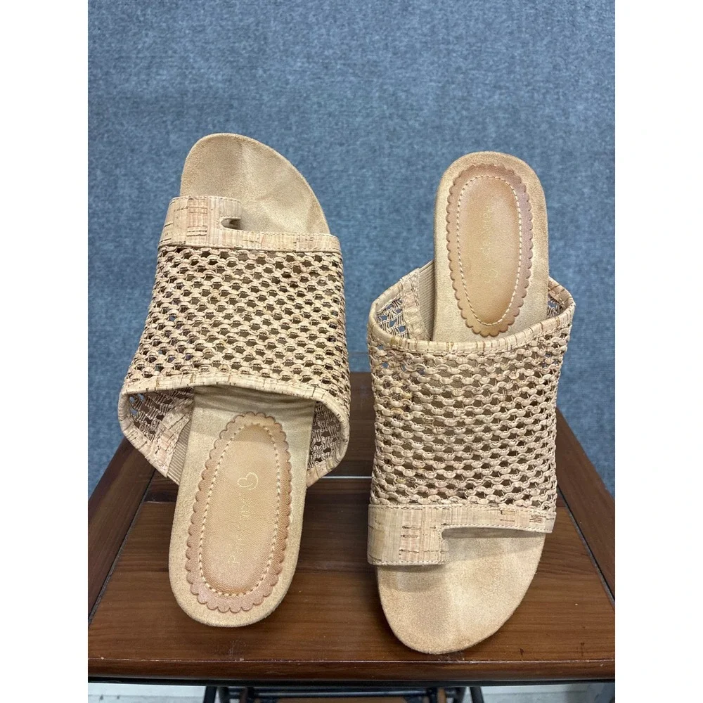 Baretraps Woven Mesh Cork Wedge Sandals Tan Toe Ring Slides Women 11M
